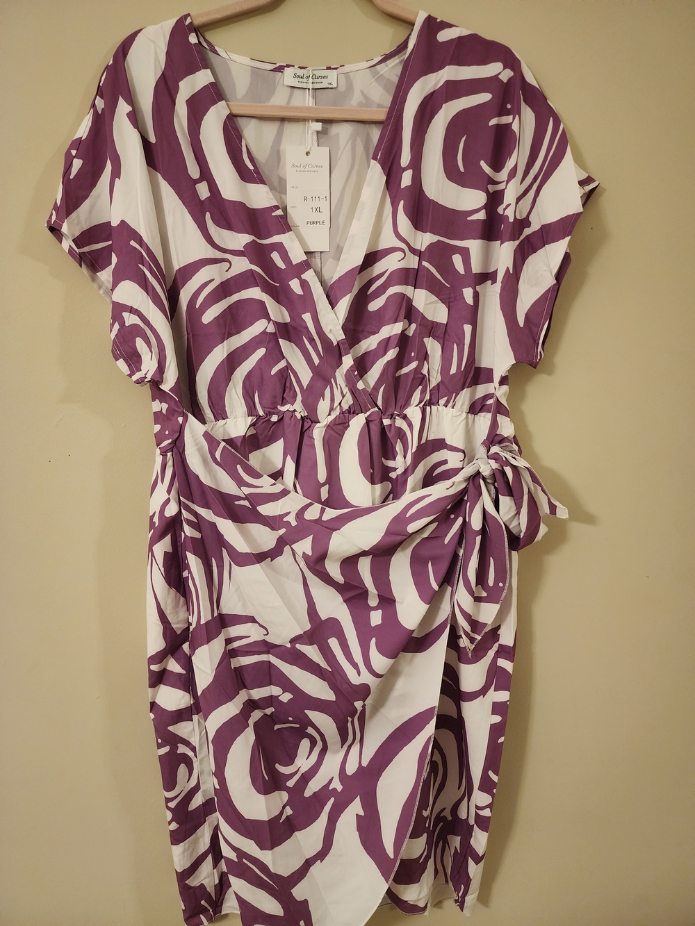 Wrap-Style Midi Dress in Purple & White with Side Tie